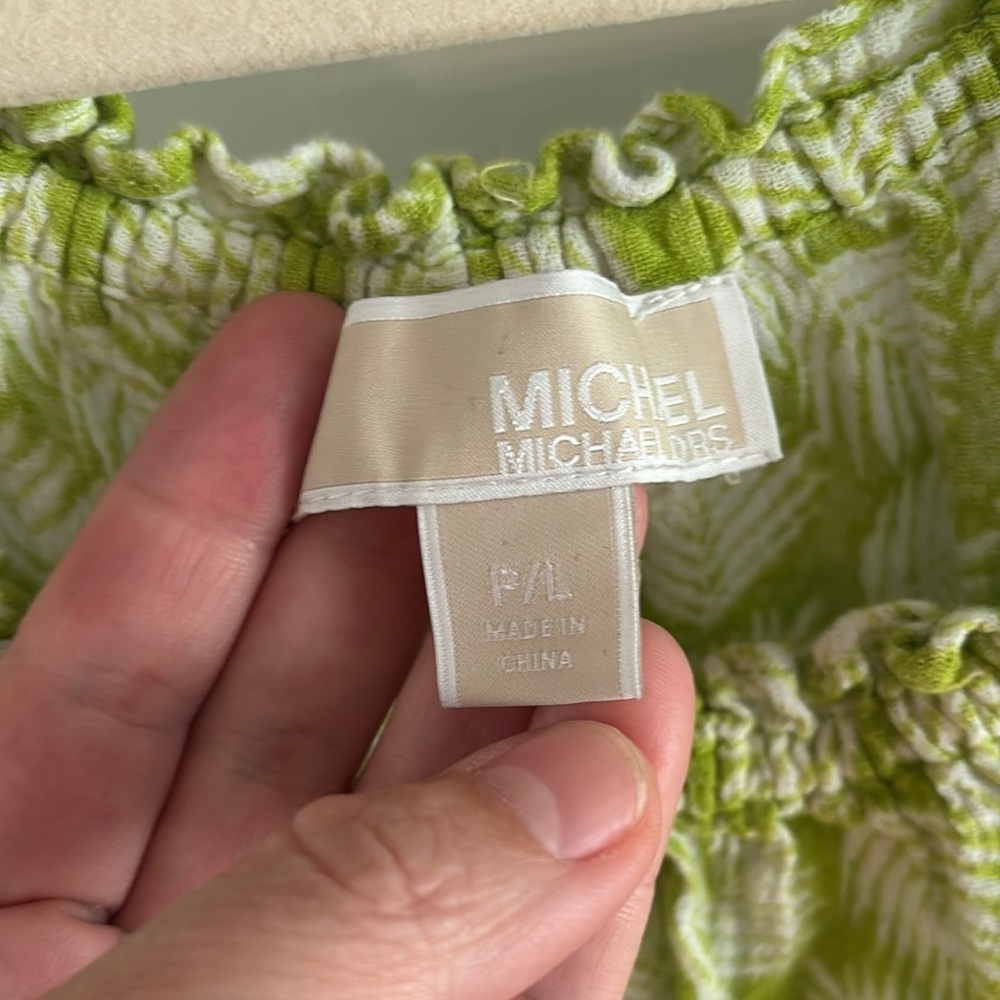 Michael Kors Smocked Green and White Puff Sleeve Blouse sz PL - Picture 2 of 6